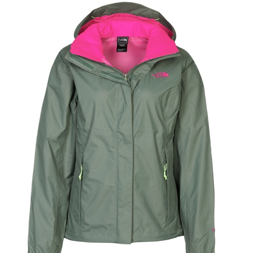 Green and pink North Face rain coat